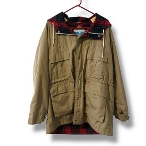 Vintage Pacific Trail Khaki Field Jacket Plaid Lined Hood Men’s Size XL Utility